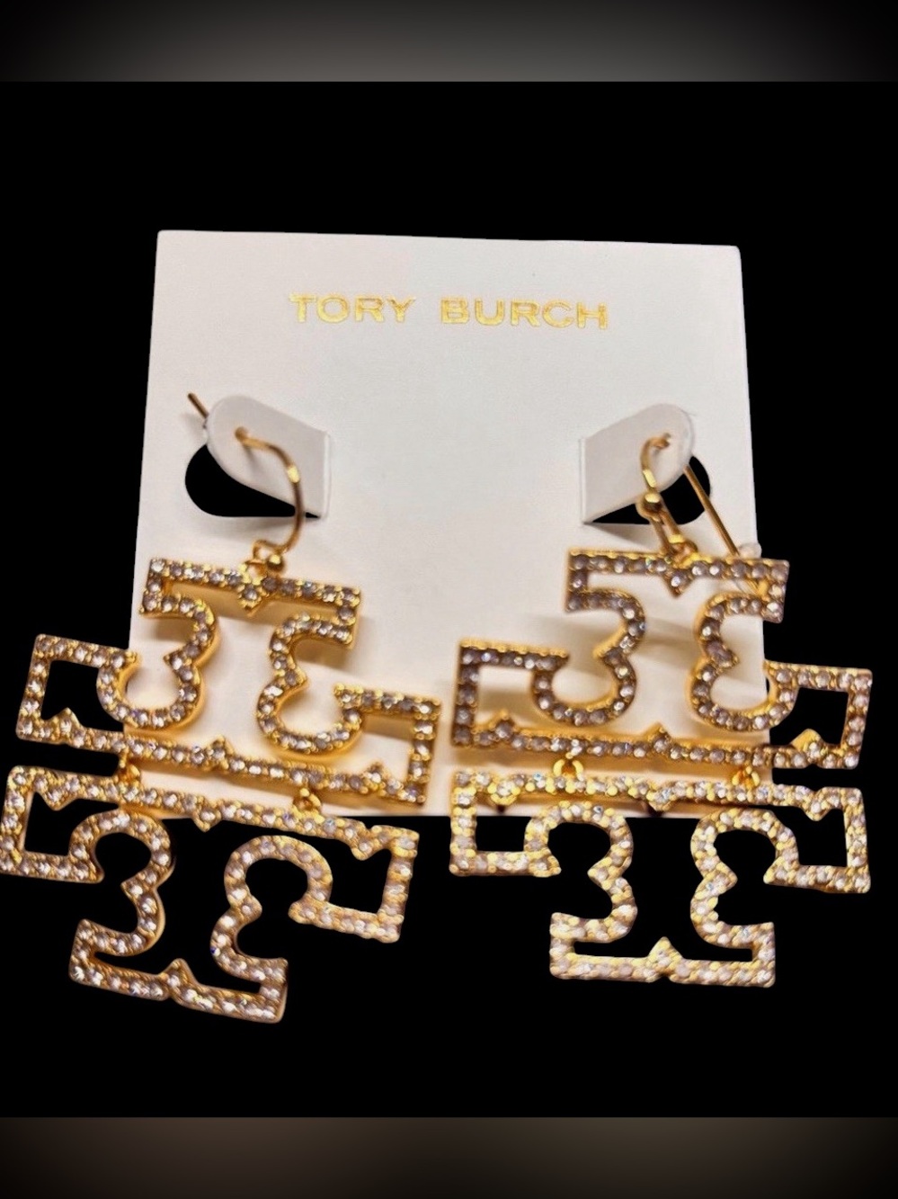 NEW Tory Burch Womens Britten Pave Logo Drop Earrings in Gold